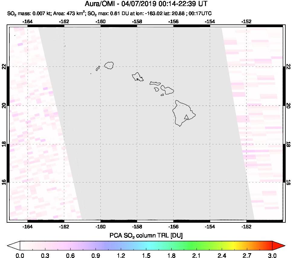 A sulfur dioxide image over Hawaii, USA on Apr 07, 2019.