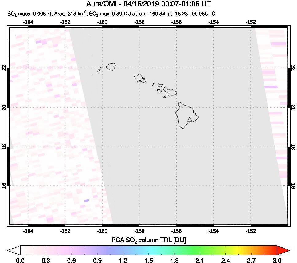 A sulfur dioxide image over Hawaii, USA on Apr 16, 2019.