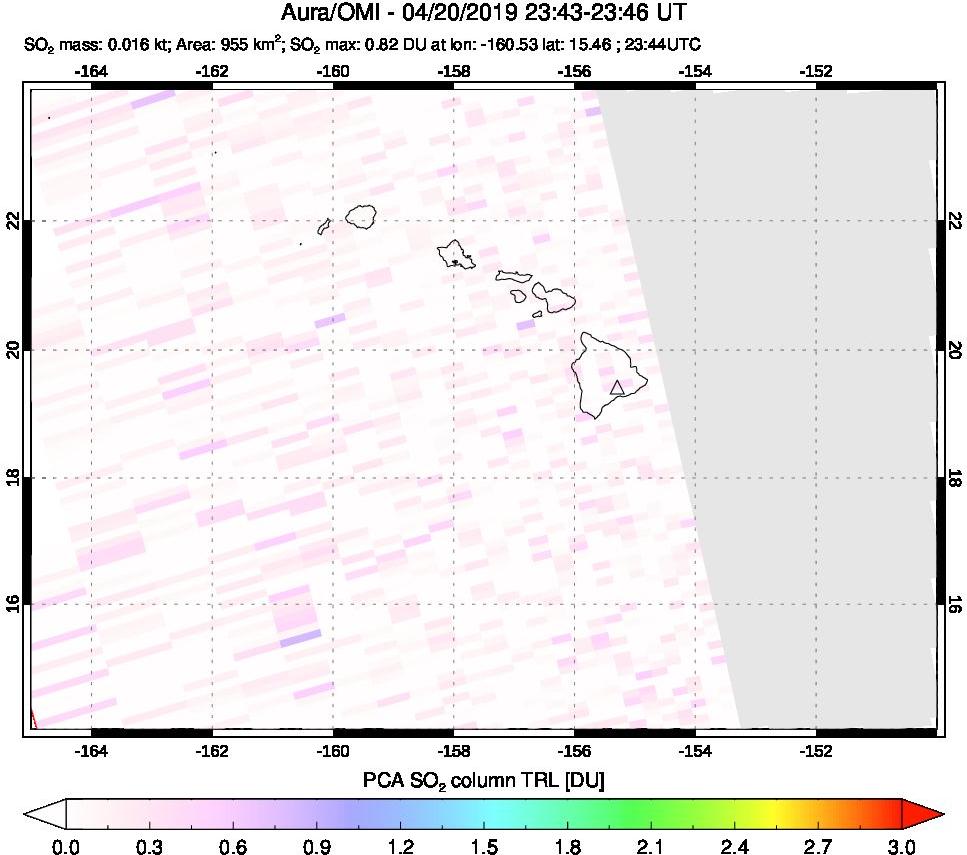 A sulfur dioxide image over Hawaii, USA on Apr 20, 2019.