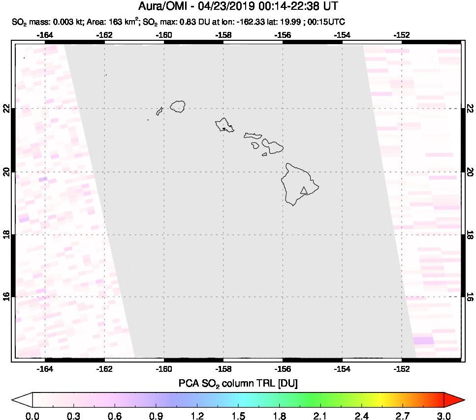 A sulfur dioxide image over Hawaii, USA on Apr 23, 2019.