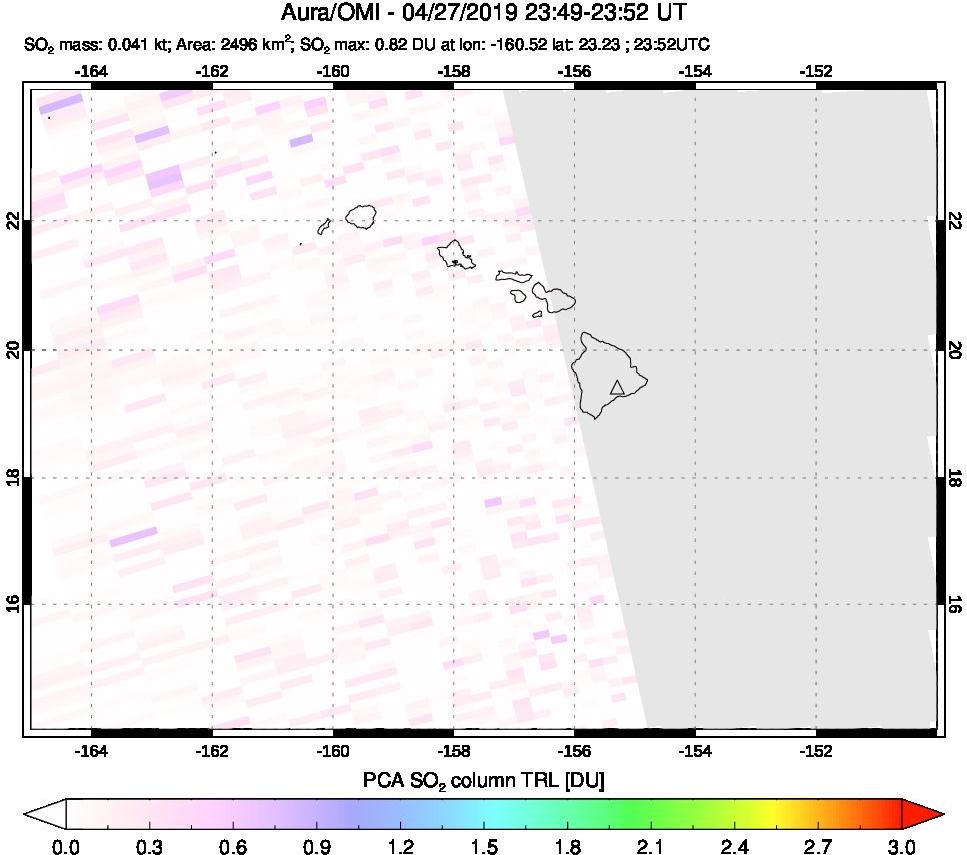 A sulfur dioxide image over Hawaii, USA on Apr 27, 2019.