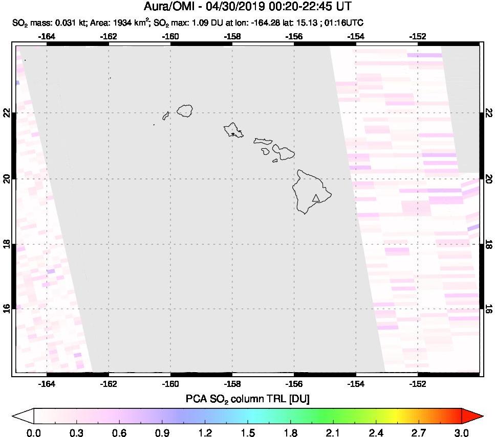 A sulfur dioxide image over Hawaii, USA on Apr 30, 2019.