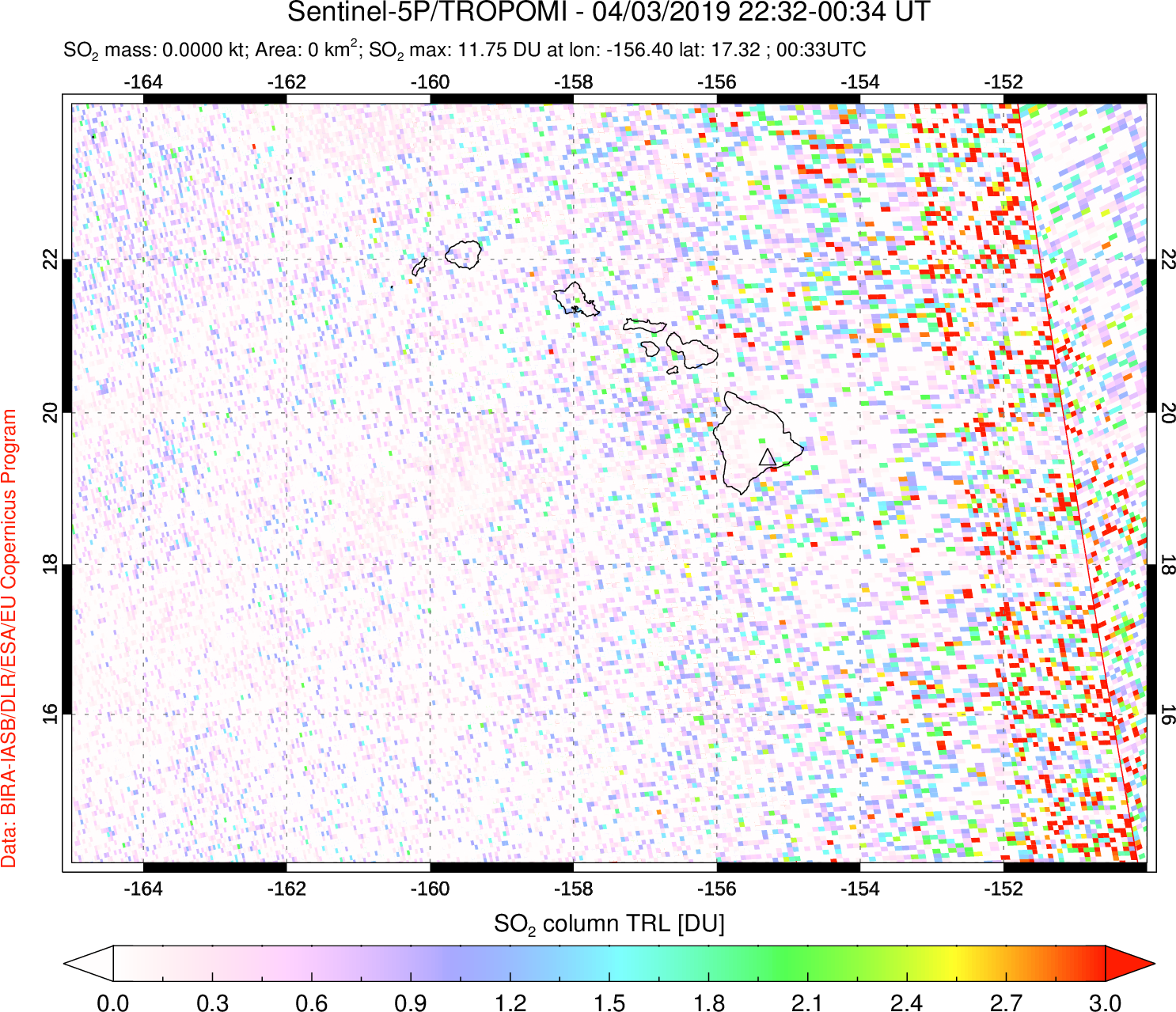 A sulfur dioxide image over Hawaii, USA on Apr 03, 2019.