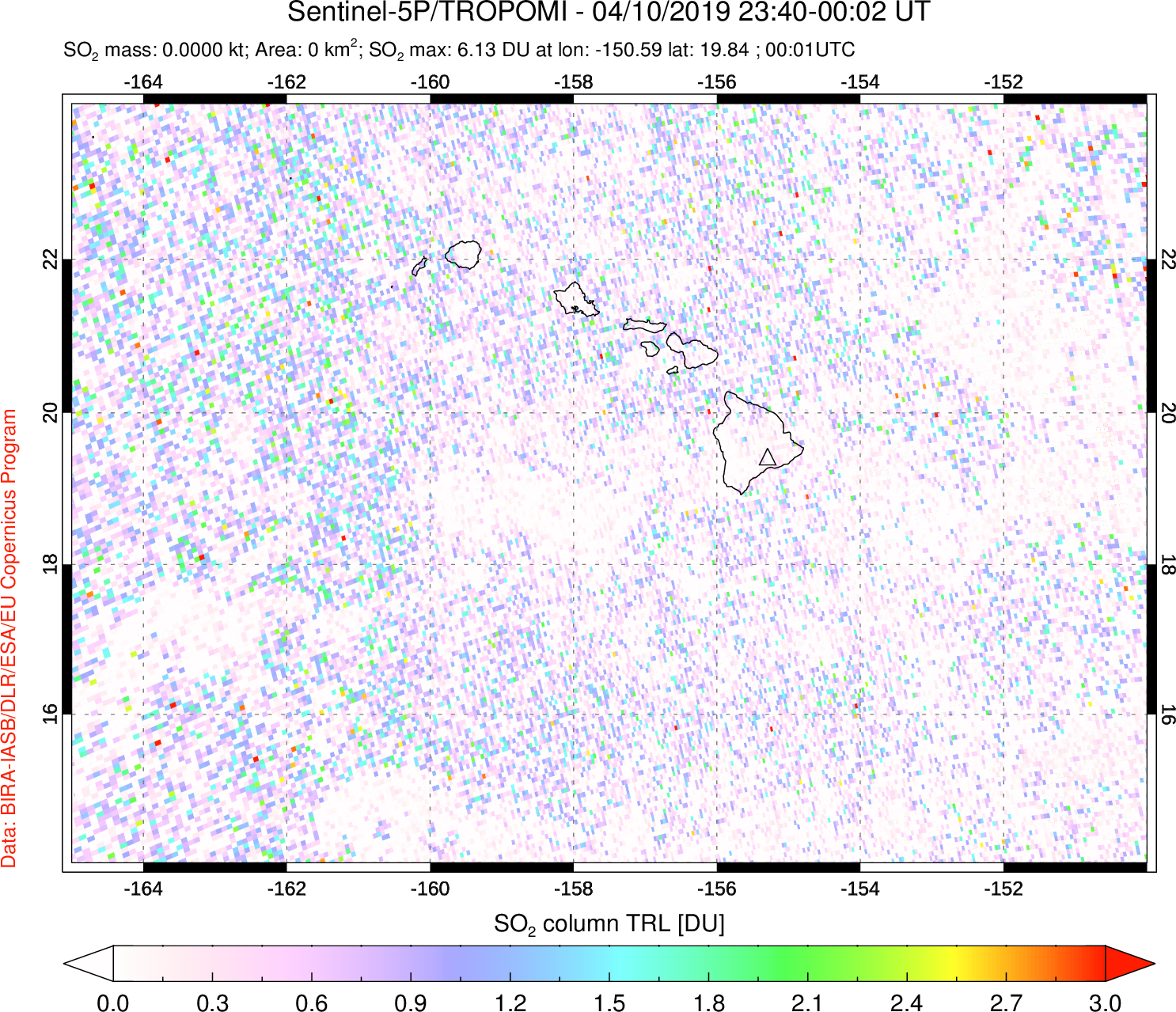 A sulfur dioxide image over Hawaii, USA on Apr 10, 2019.