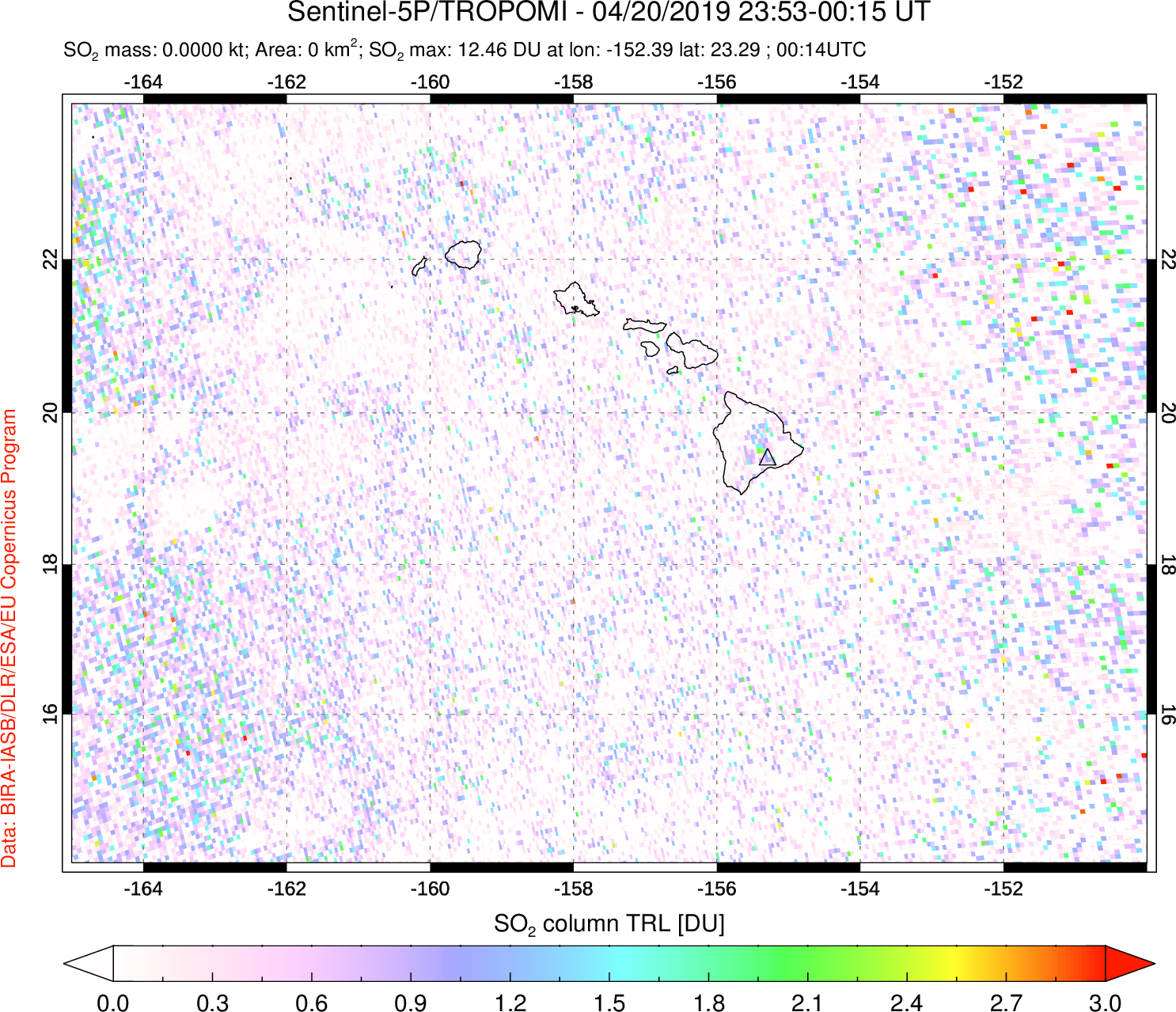 A sulfur dioxide image over Hawaii, USA on Apr 20, 2019.