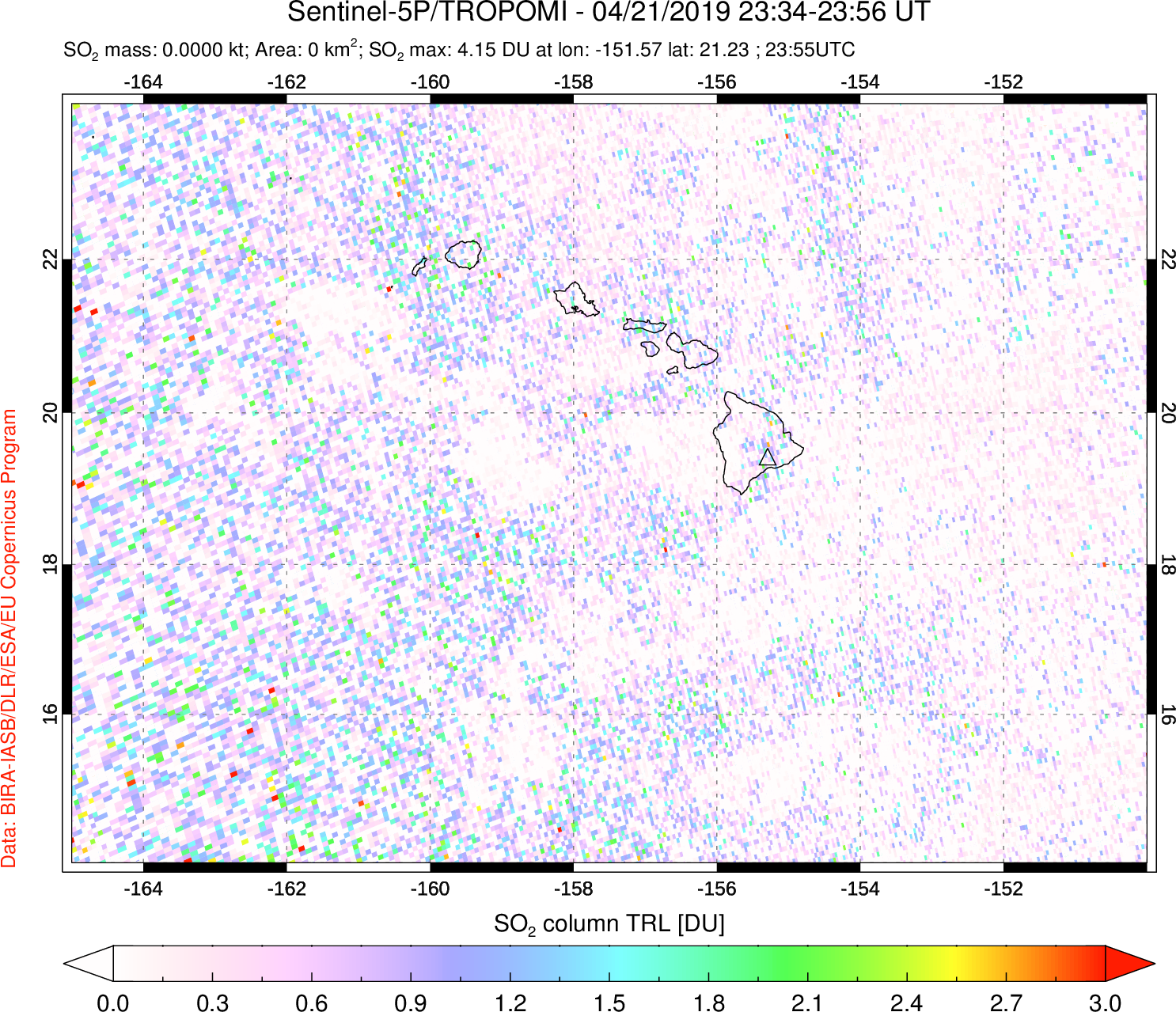 A sulfur dioxide image over Hawaii, USA on Apr 21, 2019.