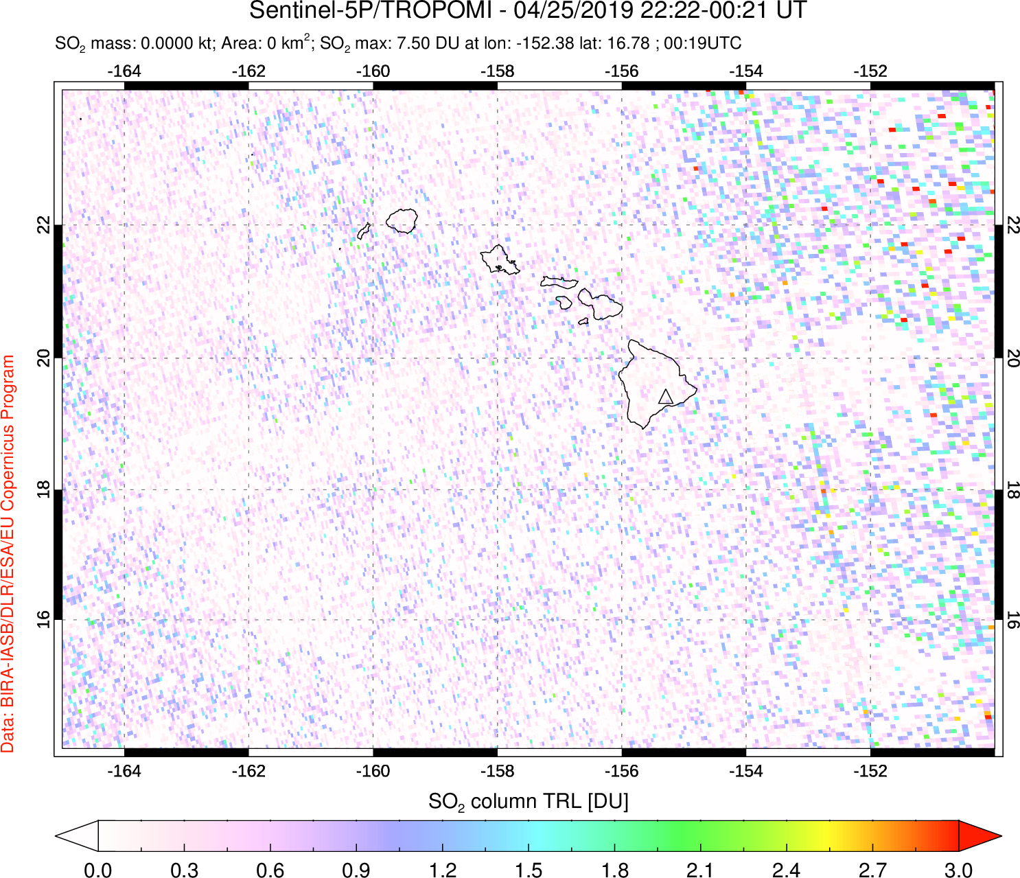A sulfur dioxide image over Hawaii, USA on Apr 25, 2019.