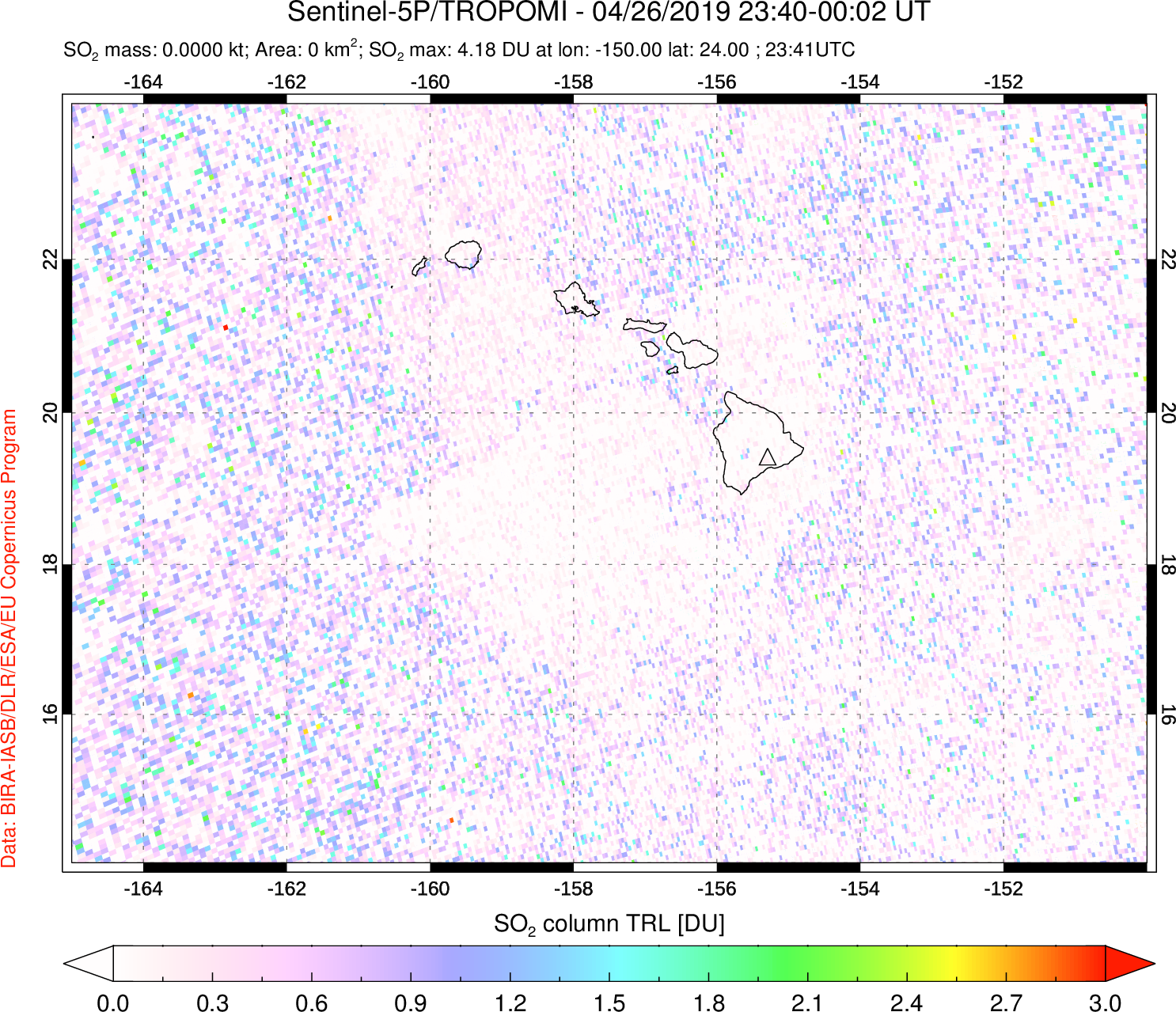 A sulfur dioxide image over Hawaii, USA on Apr 26, 2019.