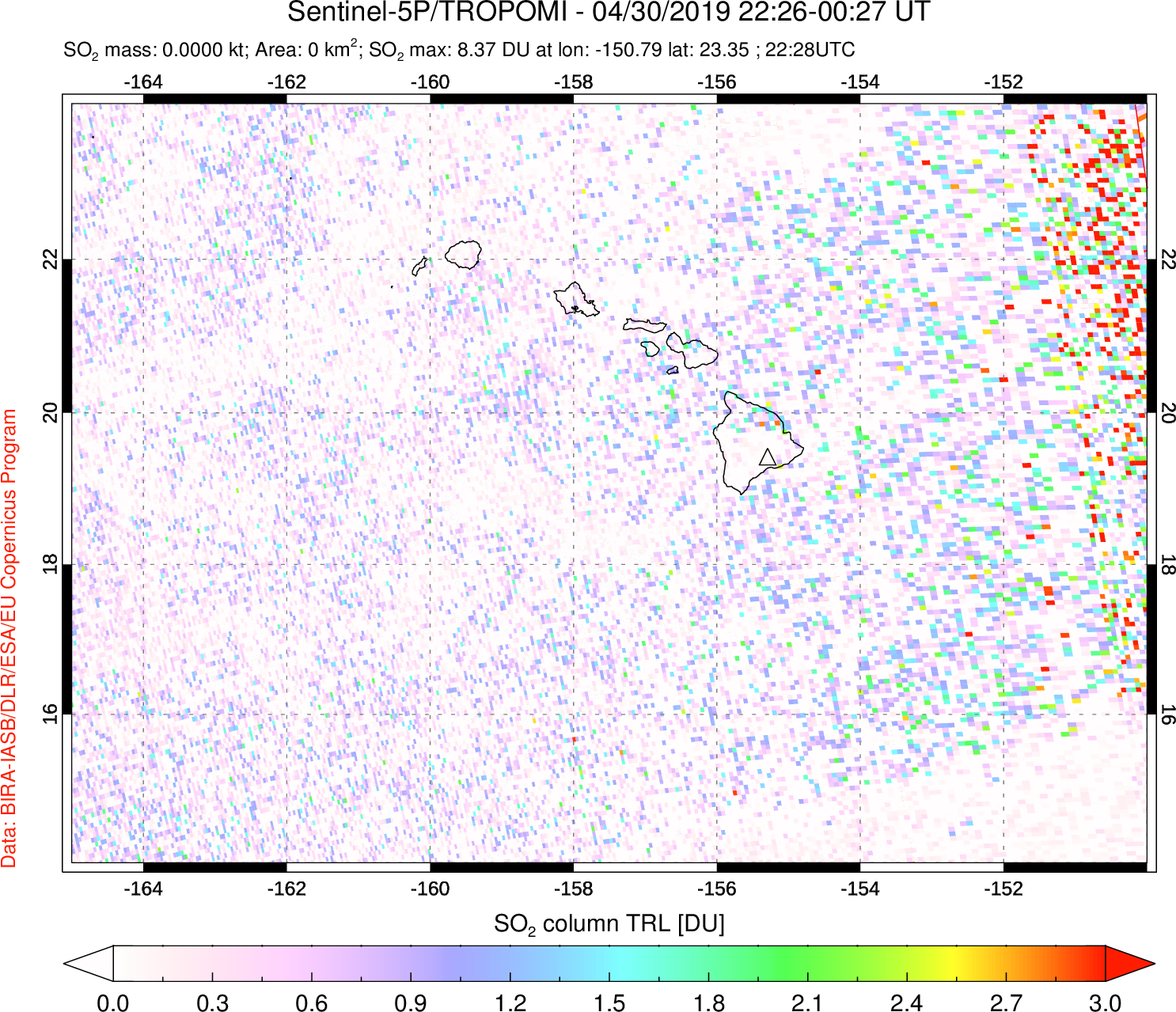 A sulfur dioxide image over Hawaii, USA on Apr 30, 2019.