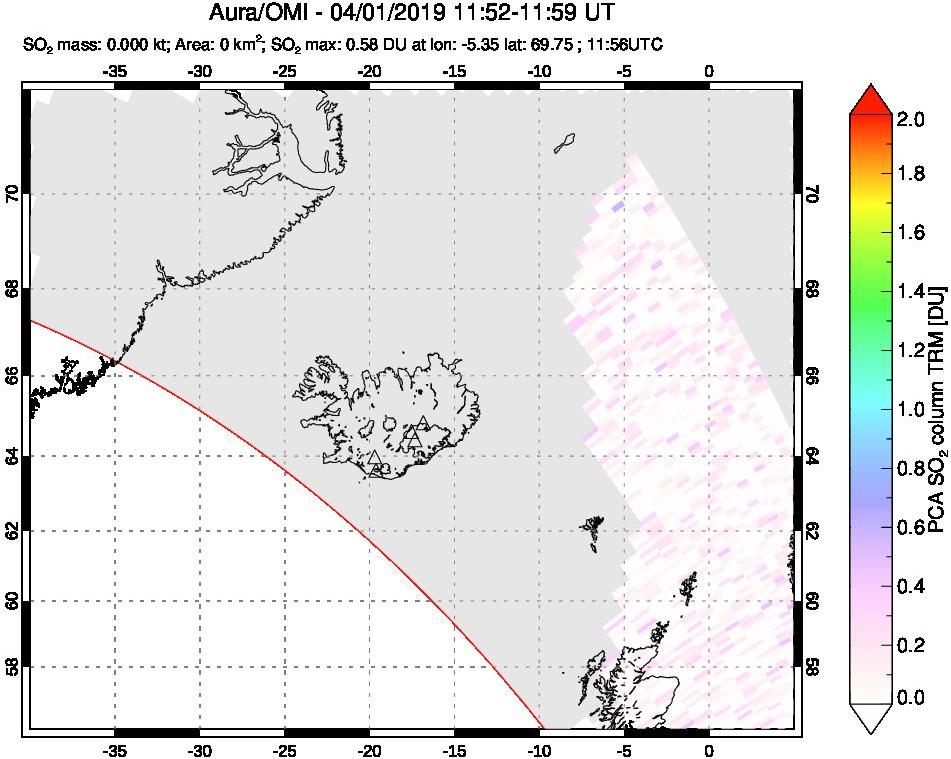 A sulfur dioxide image over Iceland on Apr 01, 2019.