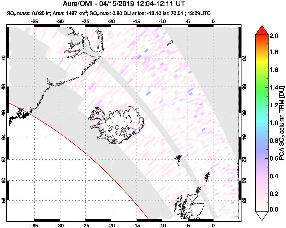 A sulfur dioxide image over Iceland on Apr 15, 2019.