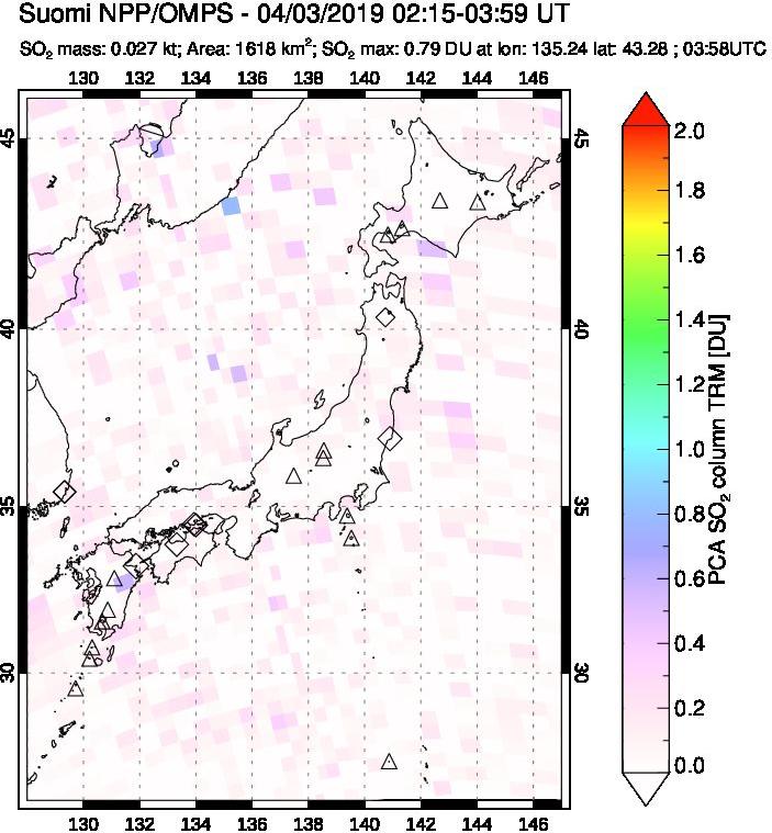 A sulfur dioxide image over Japan on Apr 03, 2019.