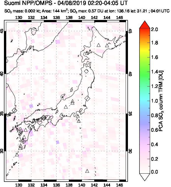 A sulfur dioxide image over Japan on Apr 08, 2019.