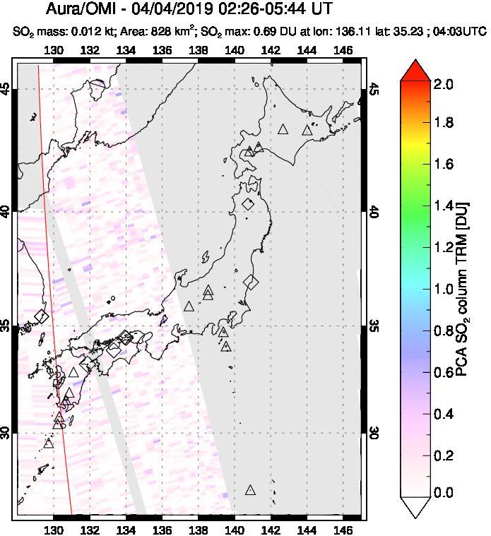 A sulfur dioxide image over Japan on Apr 04, 2019.