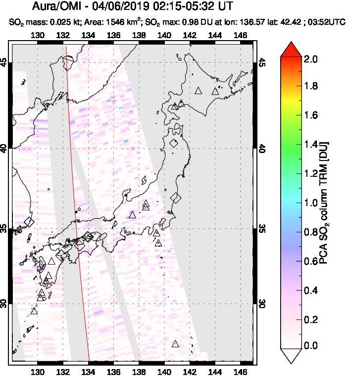 A sulfur dioxide image over Japan on Apr 06, 2019.