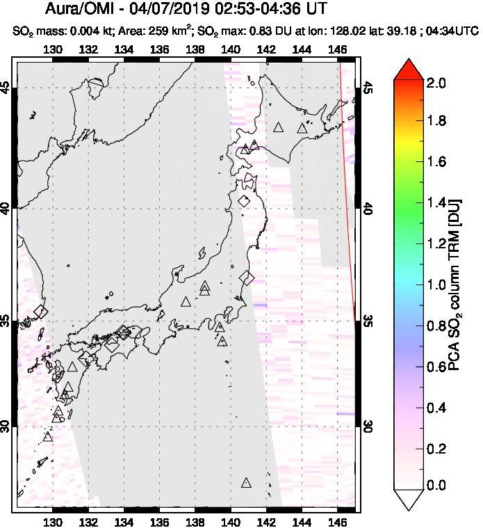 A sulfur dioxide image over Japan on Apr 07, 2019.