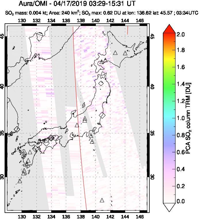 A sulfur dioxide image over Japan on Apr 17, 2019.