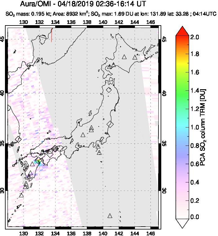 A sulfur dioxide image over Japan on Apr 18, 2019.