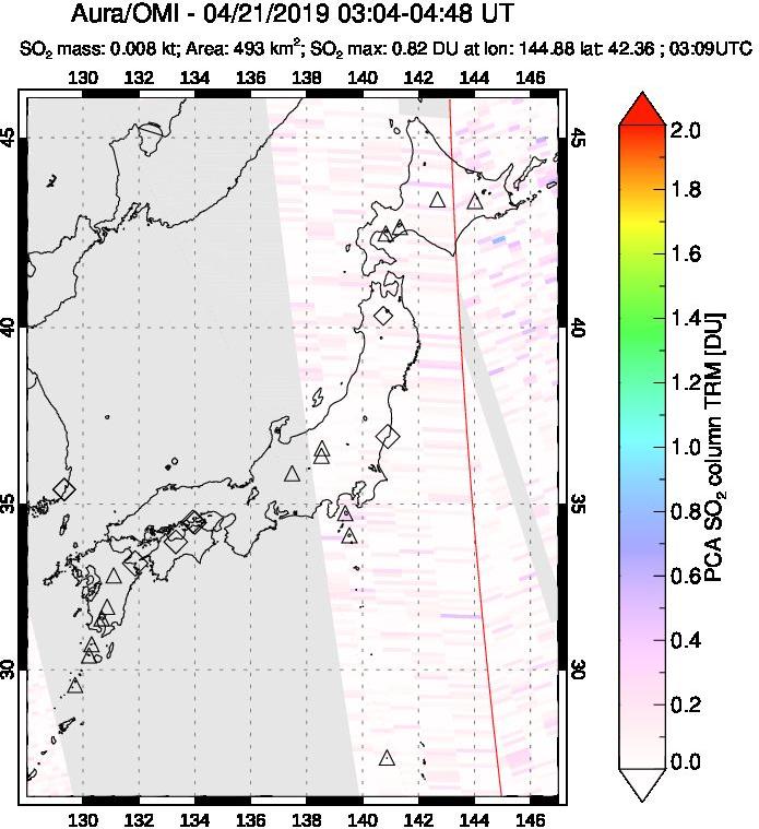 A sulfur dioxide image over Japan on Apr 21, 2019.