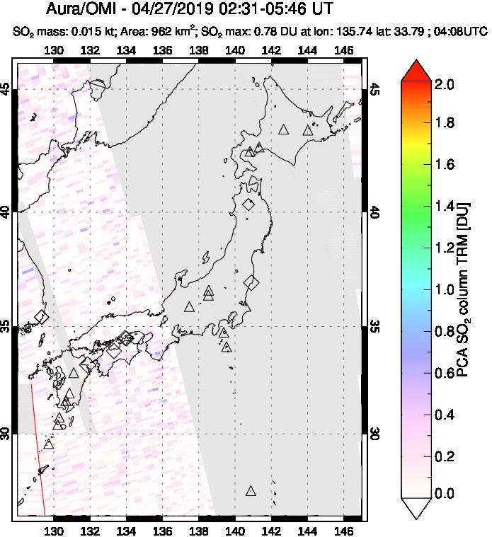 A sulfur dioxide image over Japan on Apr 27, 2019.