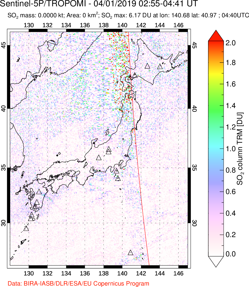 A sulfur dioxide image over Japan on Apr 01, 2019.