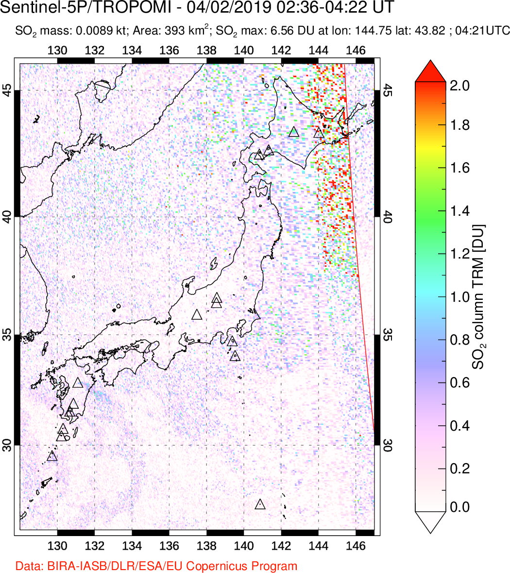 A sulfur dioxide image over Japan on Apr 02, 2019.