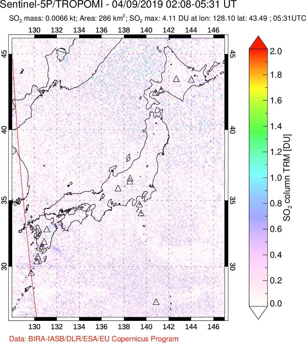 A sulfur dioxide image over Japan on Apr 09, 2019.