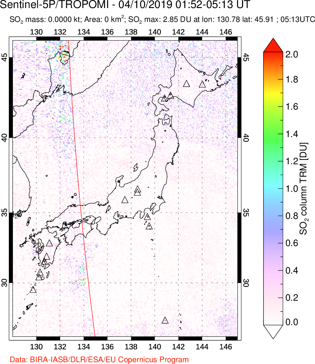 A sulfur dioxide image over Japan on Apr 10, 2019.