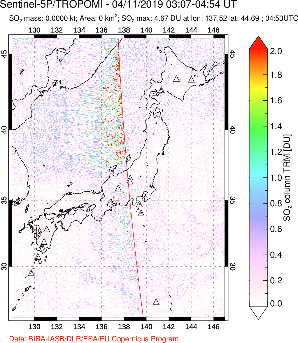 A sulfur dioxide image over Japan on Apr 11, 2019.