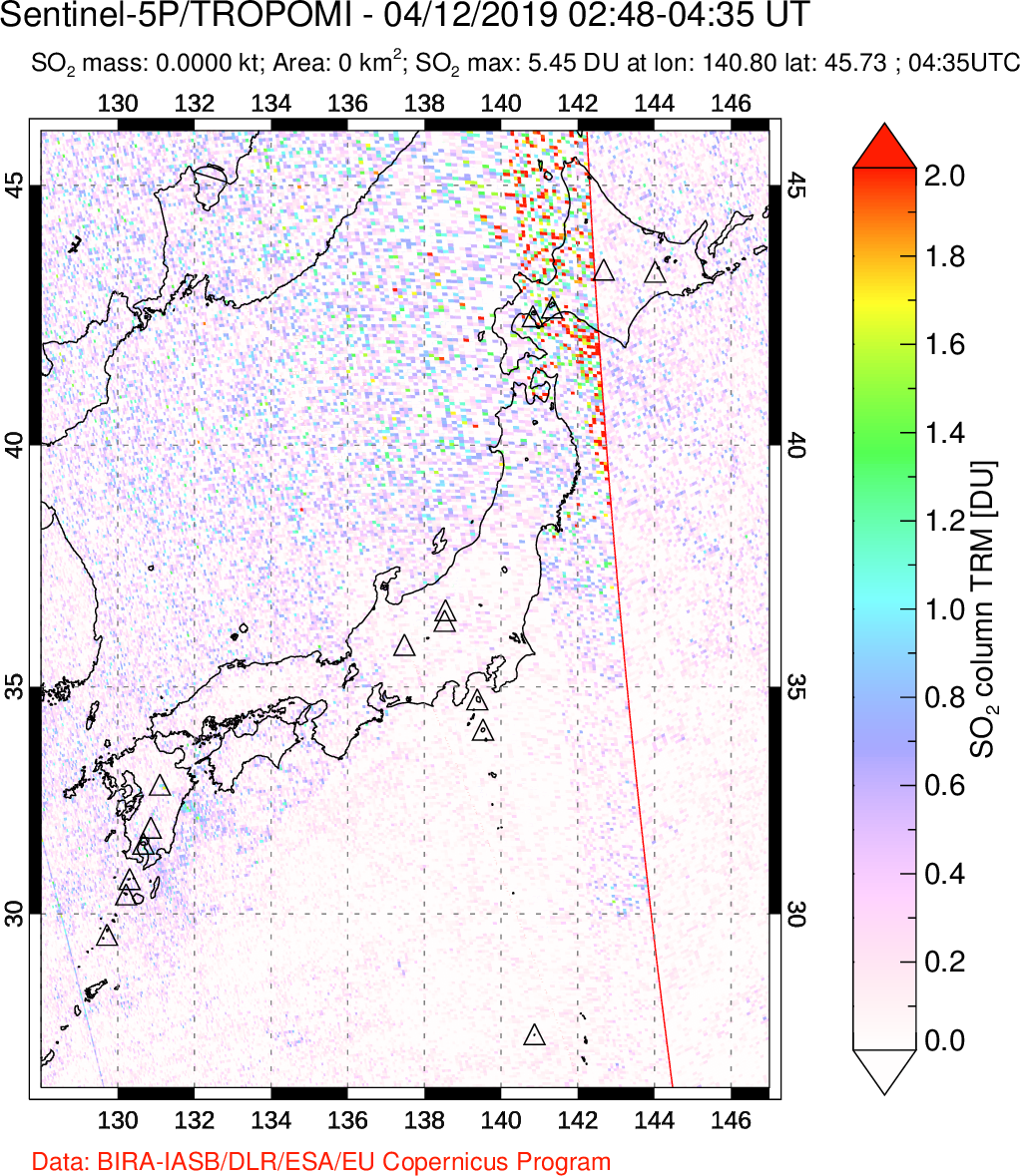A sulfur dioxide image over Japan on Apr 12, 2019.