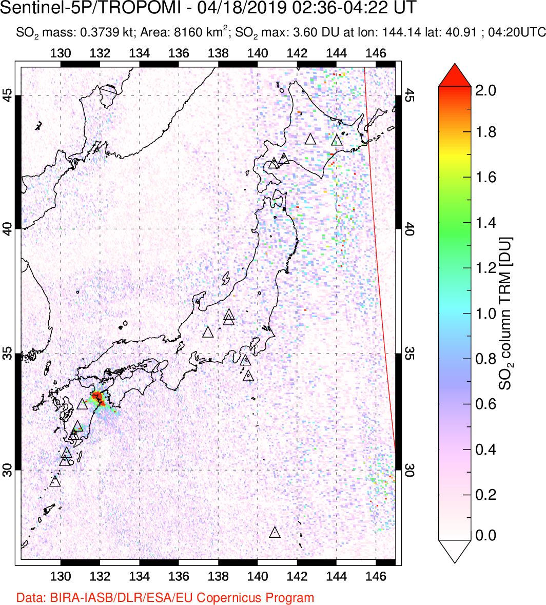 A sulfur dioxide image over Japan on Apr 18, 2019.