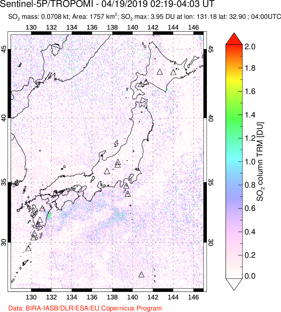 A sulfur dioxide image over Japan on Apr 19, 2019.