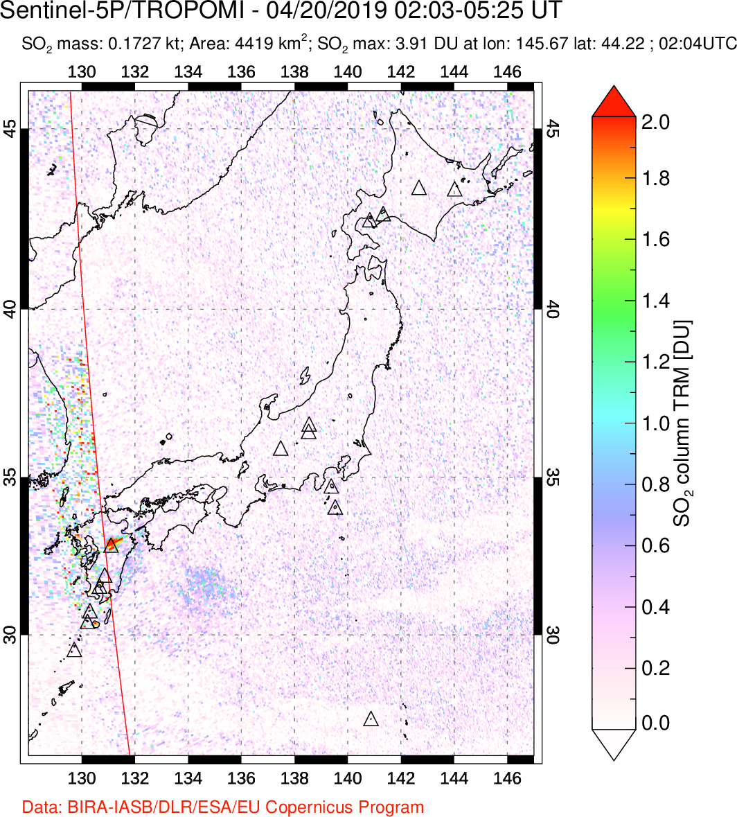 A sulfur dioxide image over Japan on Apr 20, 2019.