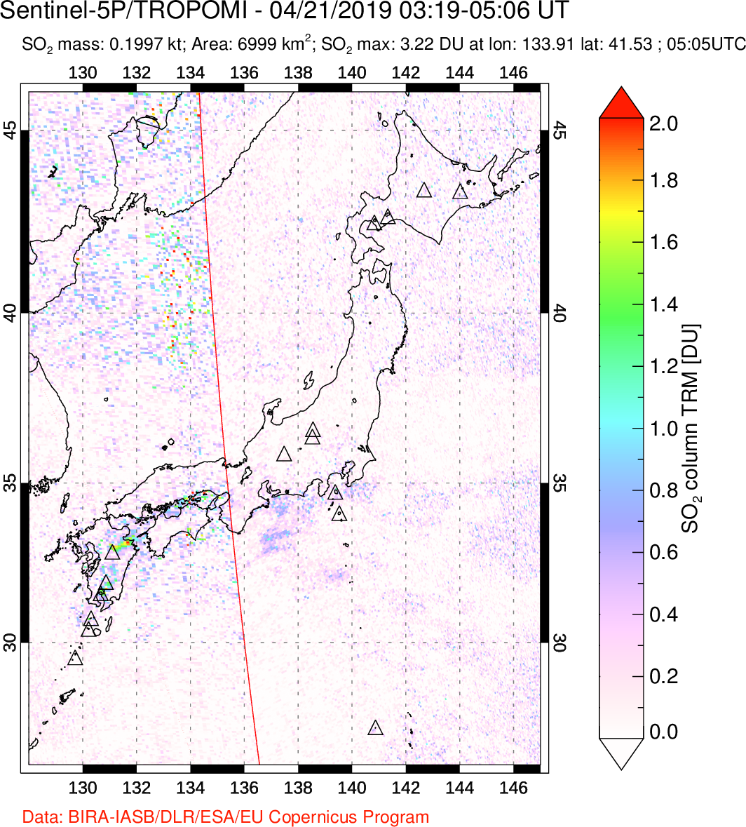 A sulfur dioxide image over Japan on Apr 21, 2019.