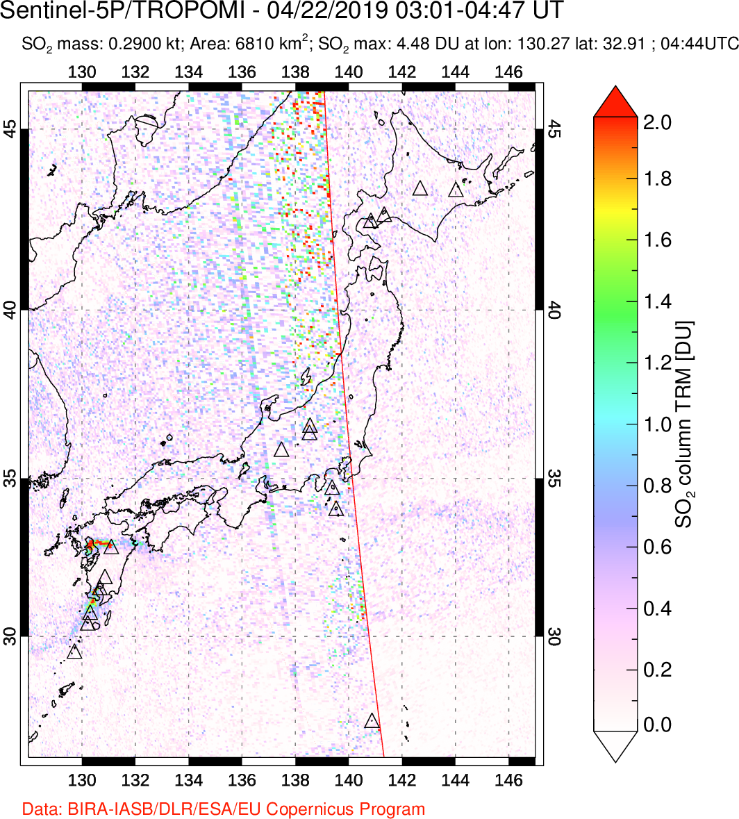 A sulfur dioxide image over Japan on Apr 22, 2019.