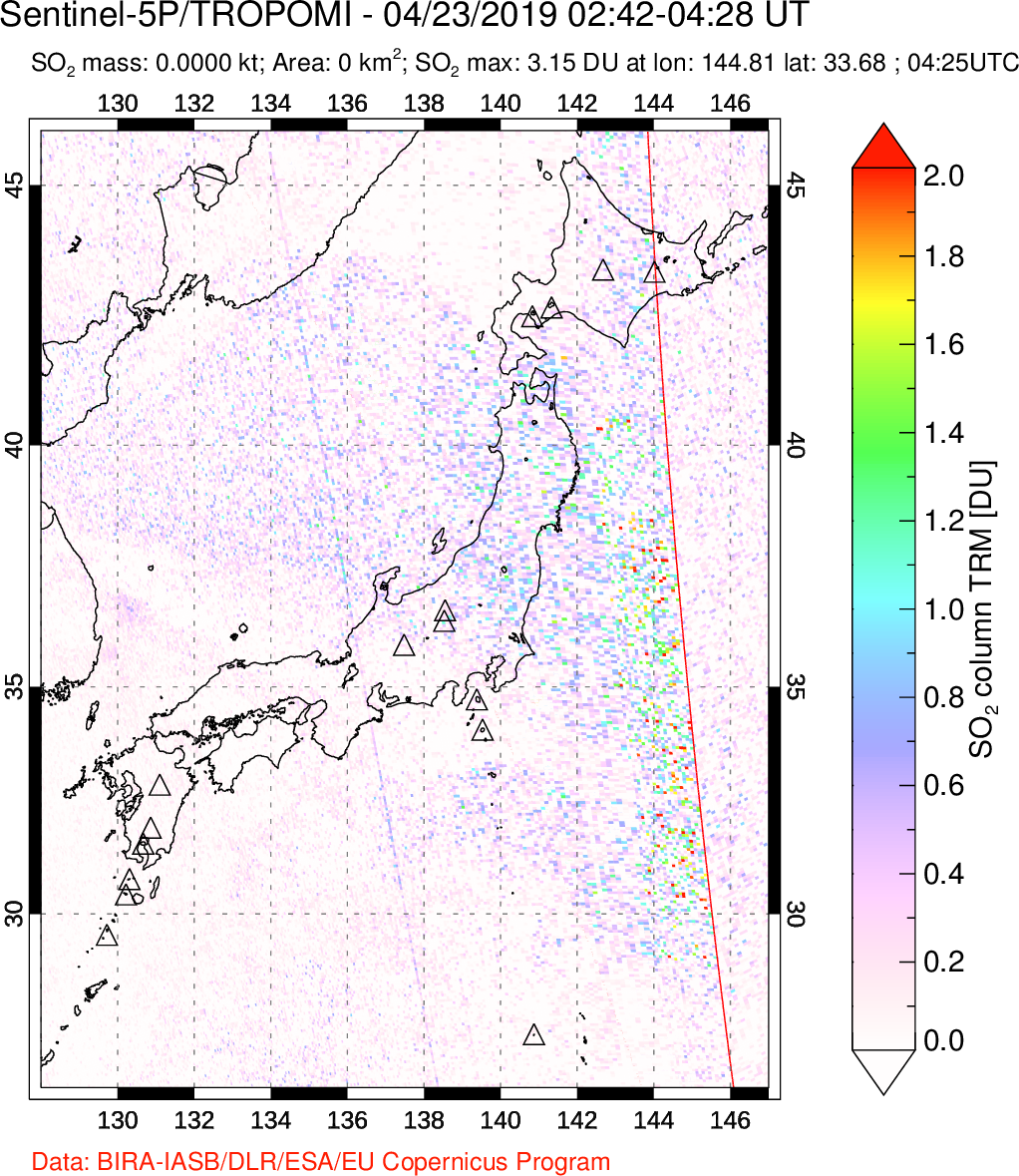A sulfur dioxide image over Japan on Apr 23, 2019.
