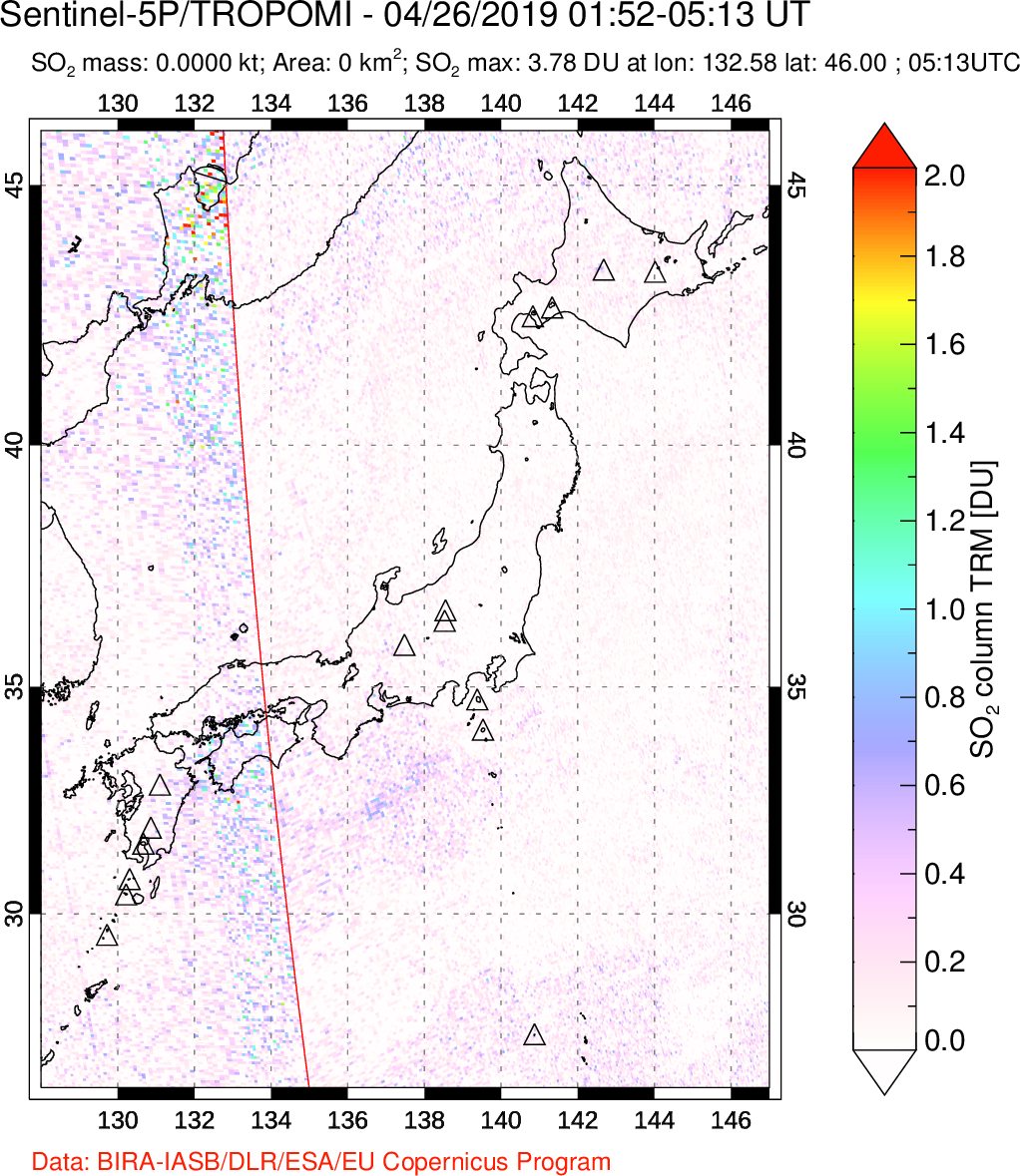 A sulfur dioxide image over Japan on Apr 26, 2019.