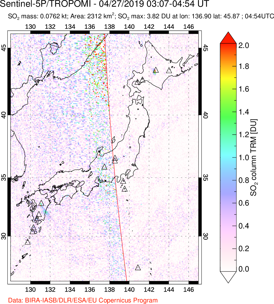 A sulfur dioxide image over Japan on Apr 27, 2019.