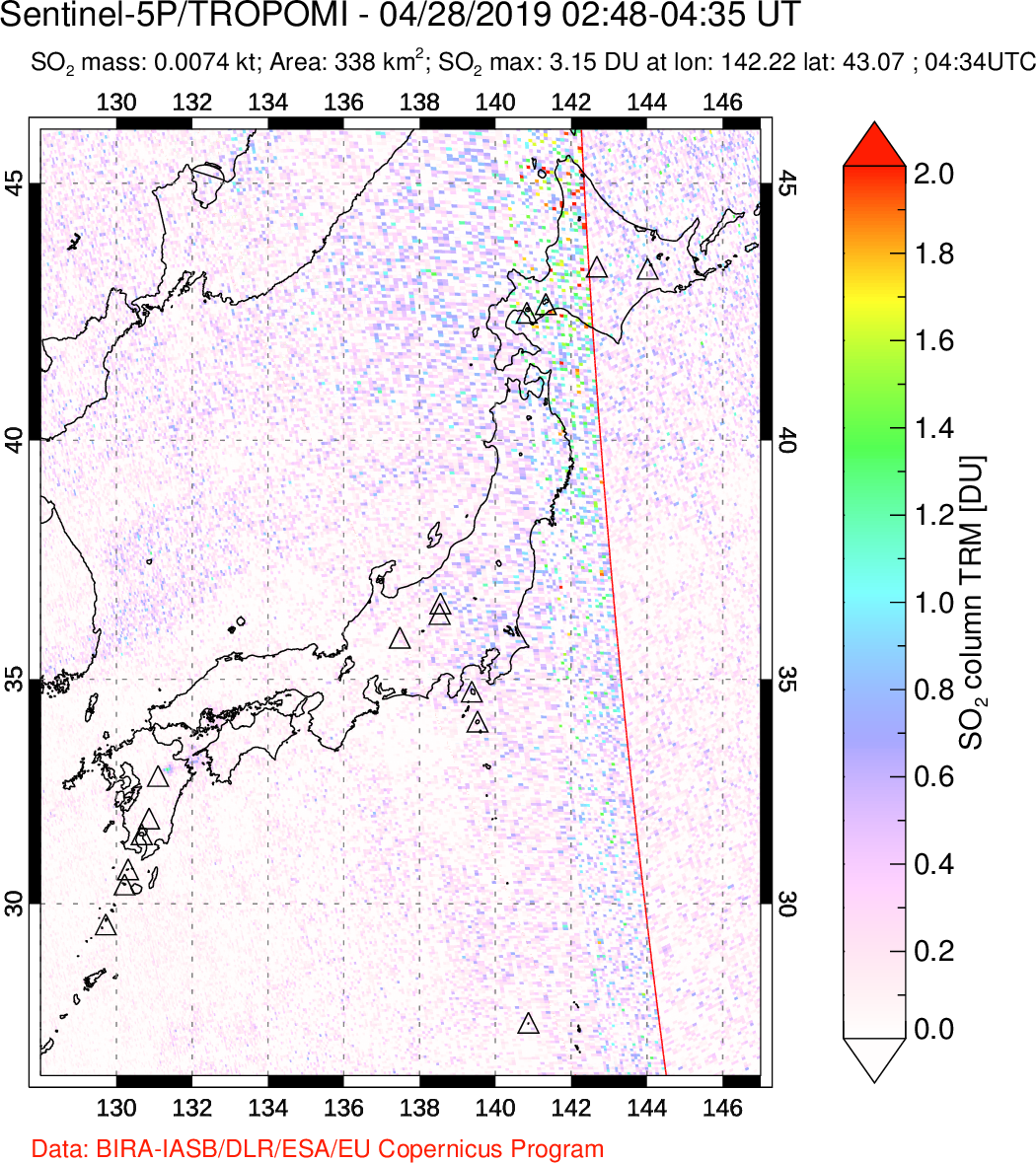 A sulfur dioxide image over Japan on Apr 28, 2019.