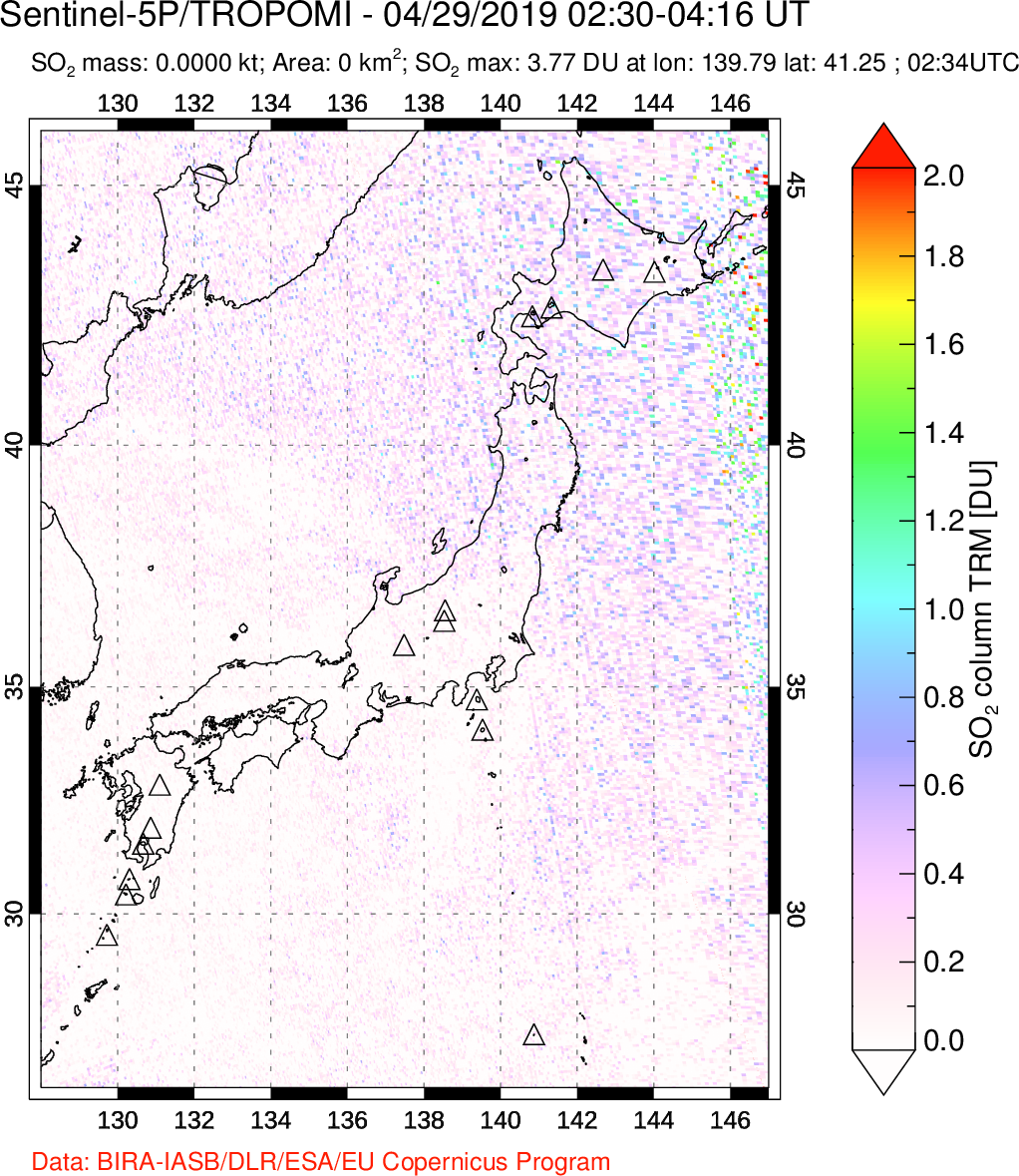 A sulfur dioxide image over Japan on Apr 29, 2019.