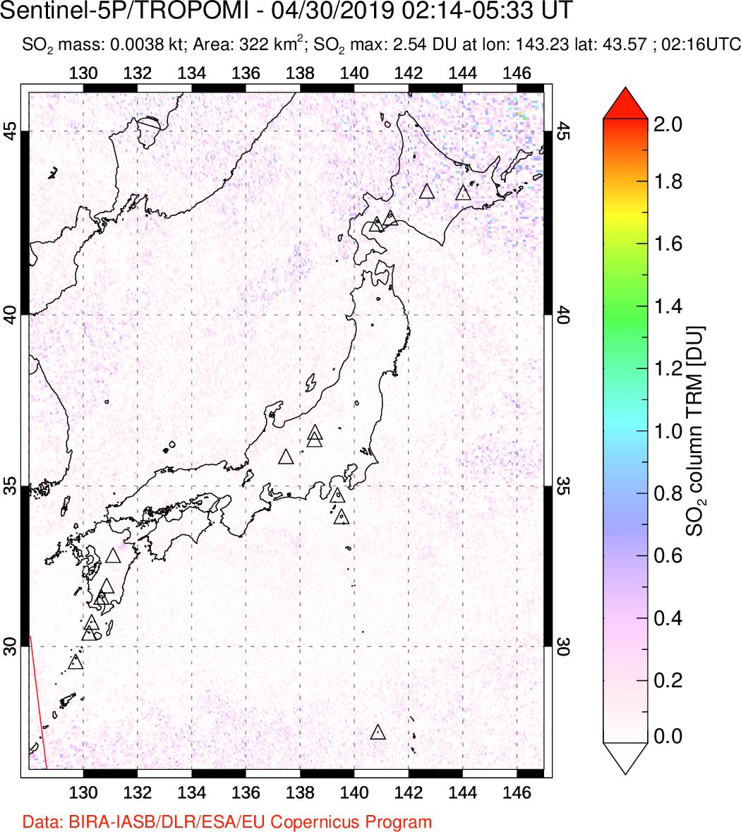 A sulfur dioxide image over Japan on Apr 30, 2019.
