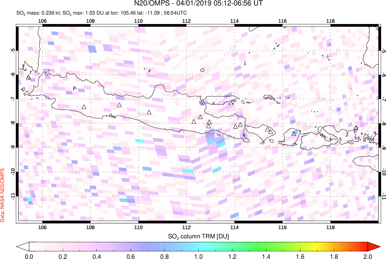 A sulfur dioxide image over Java, Indonesia on Apr 01, 2019.