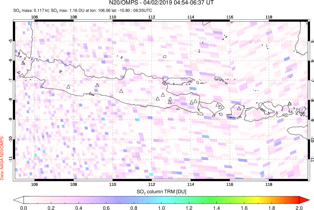 A sulfur dioxide image over Java, Indonesia on Apr 02, 2019.