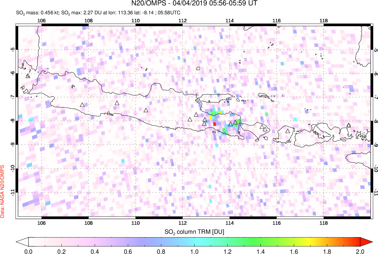 A sulfur dioxide image over Java, Indonesia on Apr 04, 2019.