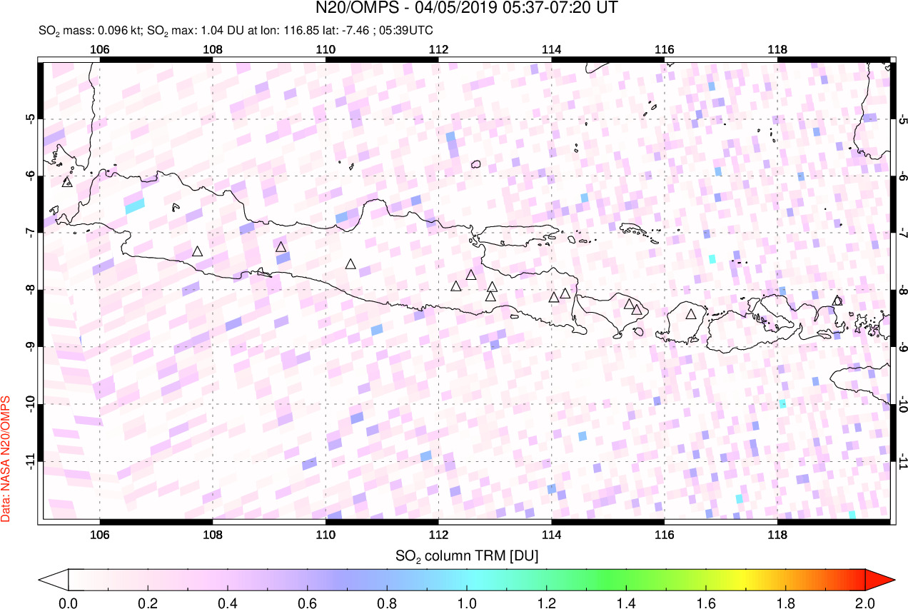 A sulfur dioxide image over Java, Indonesia on Apr 05, 2019.