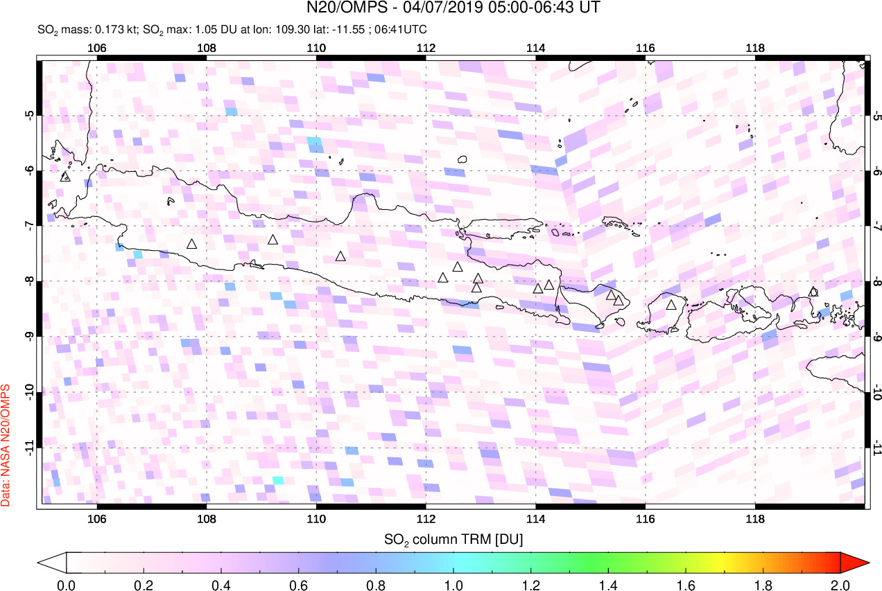 A sulfur dioxide image over Java, Indonesia on Apr 07, 2019.