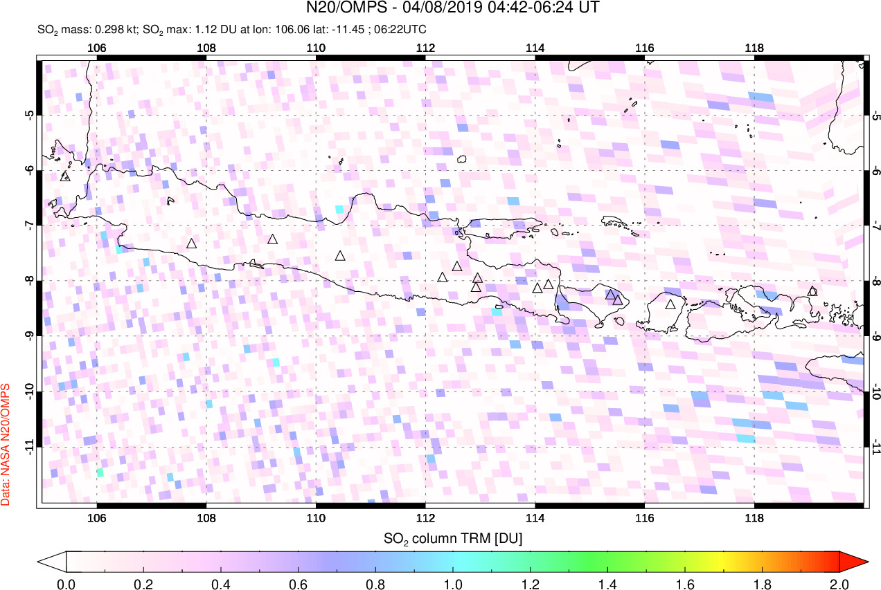 A sulfur dioxide image over Java, Indonesia on Apr 08, 2019.