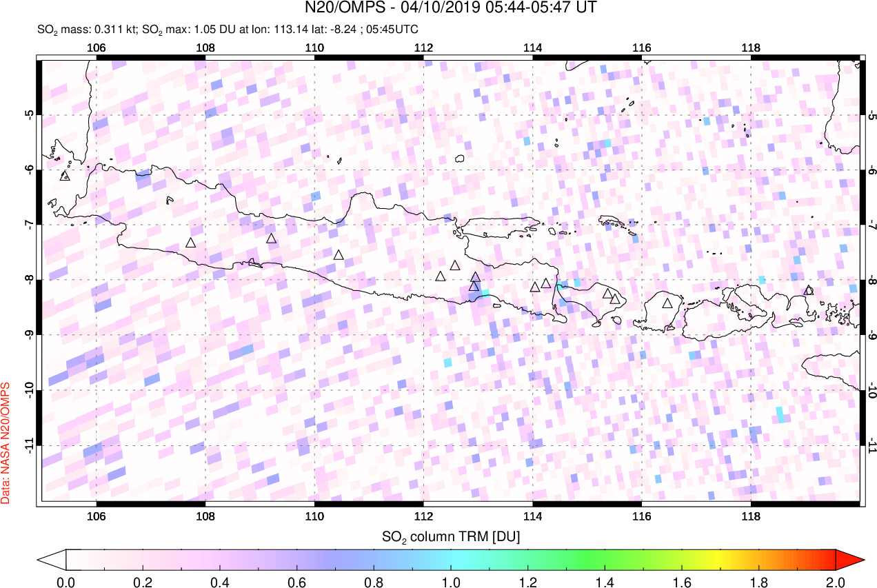 A sulfur dioxide image over Java, Indonesia on Apr 10, 2019.