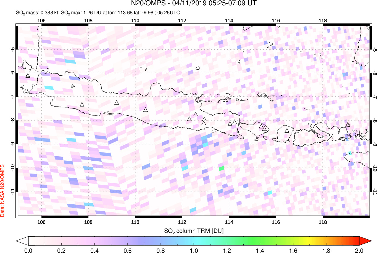 A sulfur dioxide image over Java, Indonesia on Apr 11, 2019.