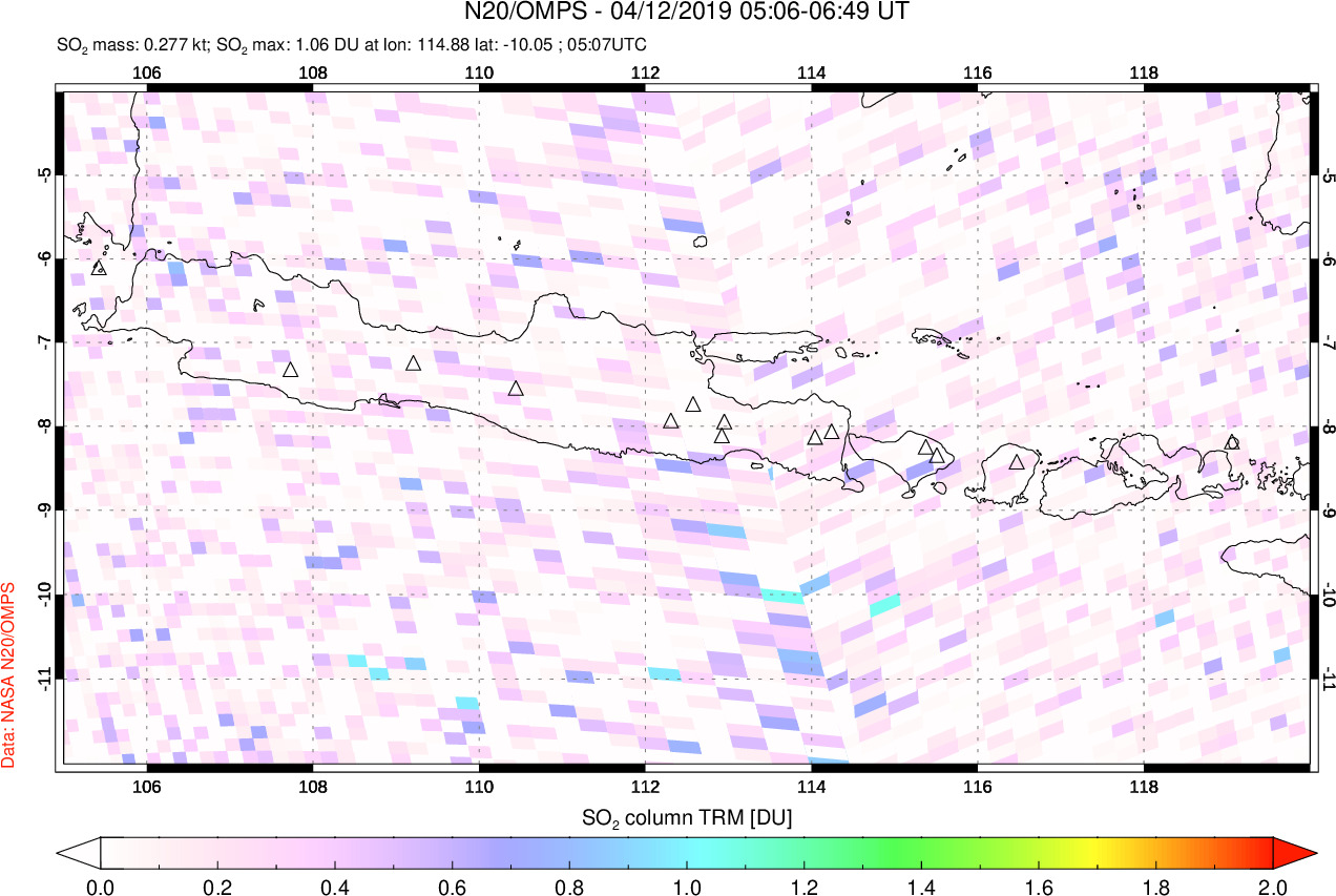 A sulfur dioxide image over Java, Indonesia on Apr 12, 2019.